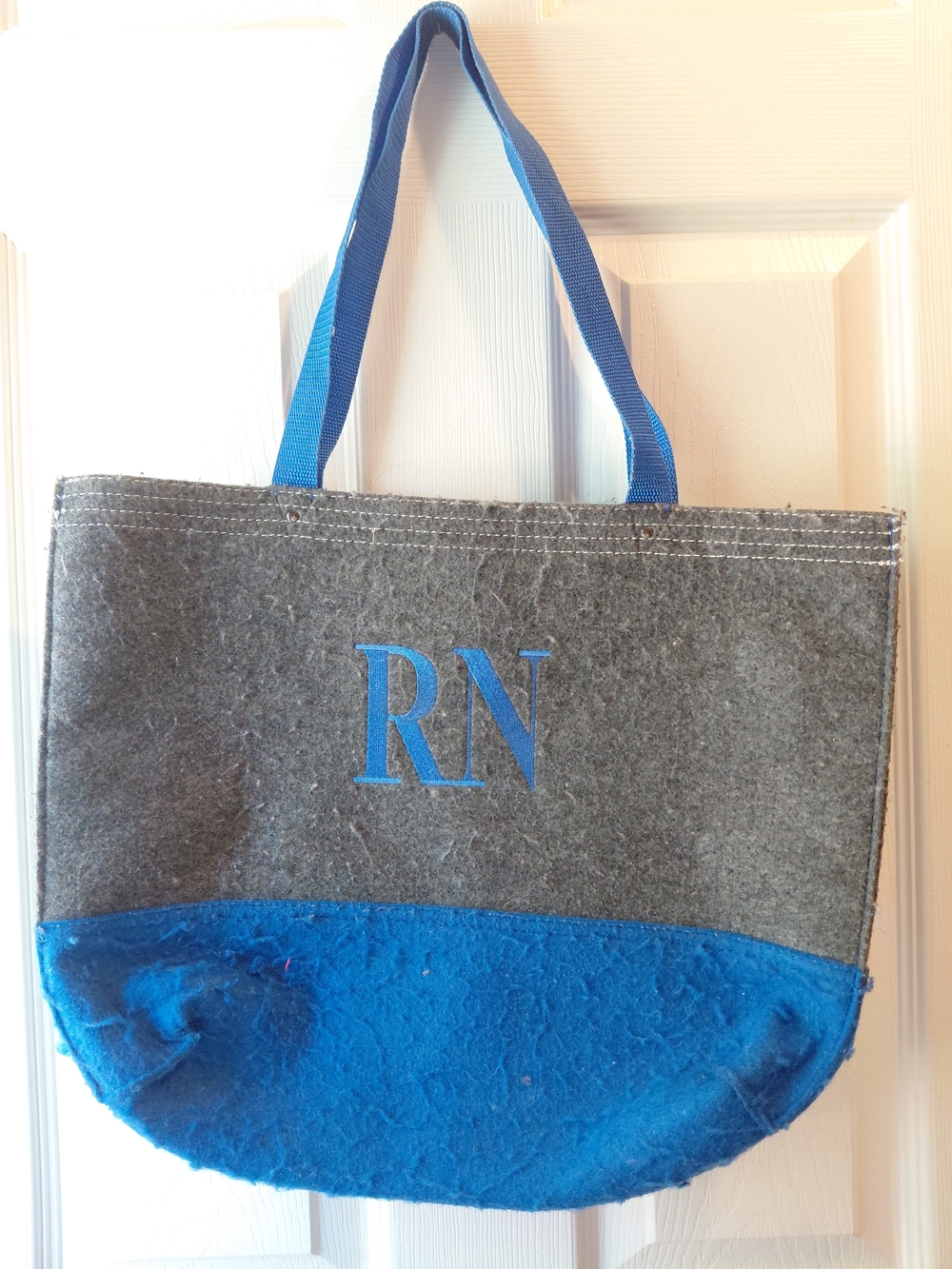 Port Authority Gray Felt Tote with Blue Base and Straps